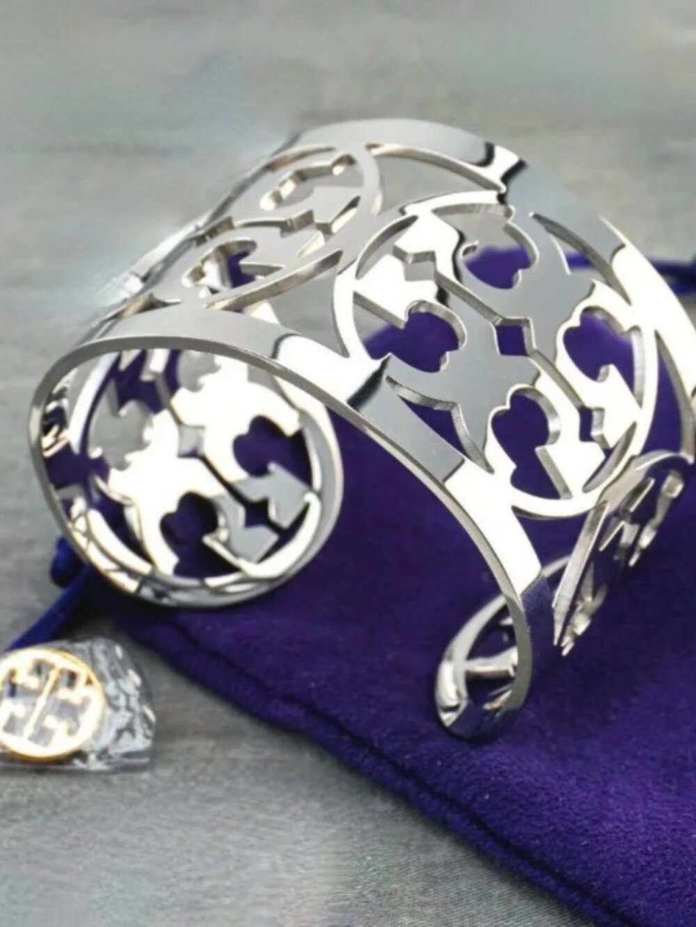 Tory Burch Logo Silver Filigree Wide Cuff Bracelet